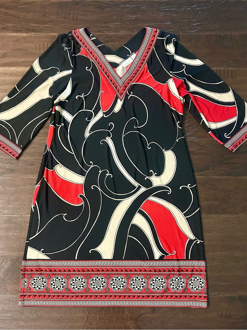 Chico's Black, Red & Cream V-Neck Long Sleeve Dress
